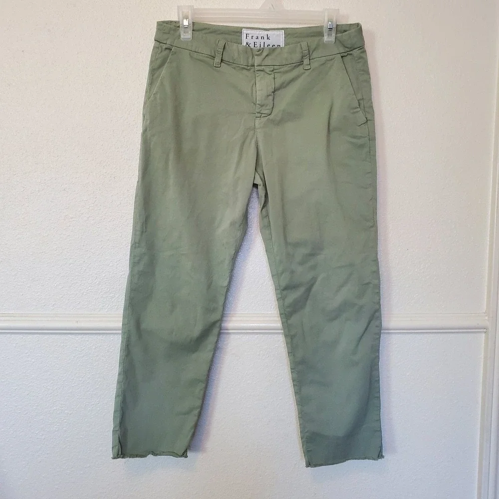 Frank & Eileen Wicklow Italian Cotton Chino Pants Green Size 6 Cropped Raw Hem - Picture 1 of 16